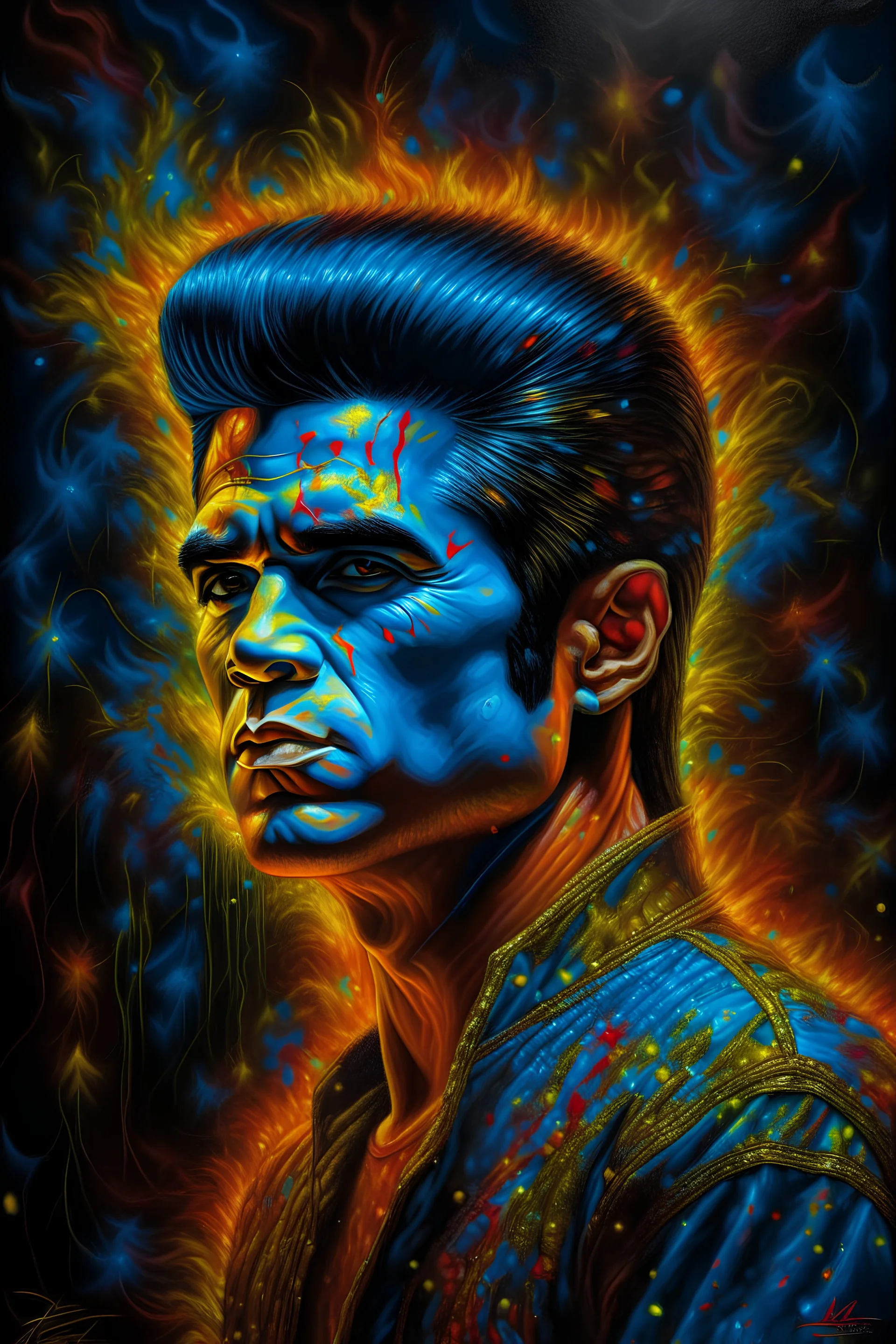 fire, lightning, wind, rain, volcanic lava, fireworks, explosions, multicolored neon lights, Elvis Presley in the art style of Leonardo De Vinci, oil paint on canvas, 32k UHD, hyper realistic, photorealistic, realistic, life-like, extremely detailed, extremely colorful, sharp beautiful professional quality,