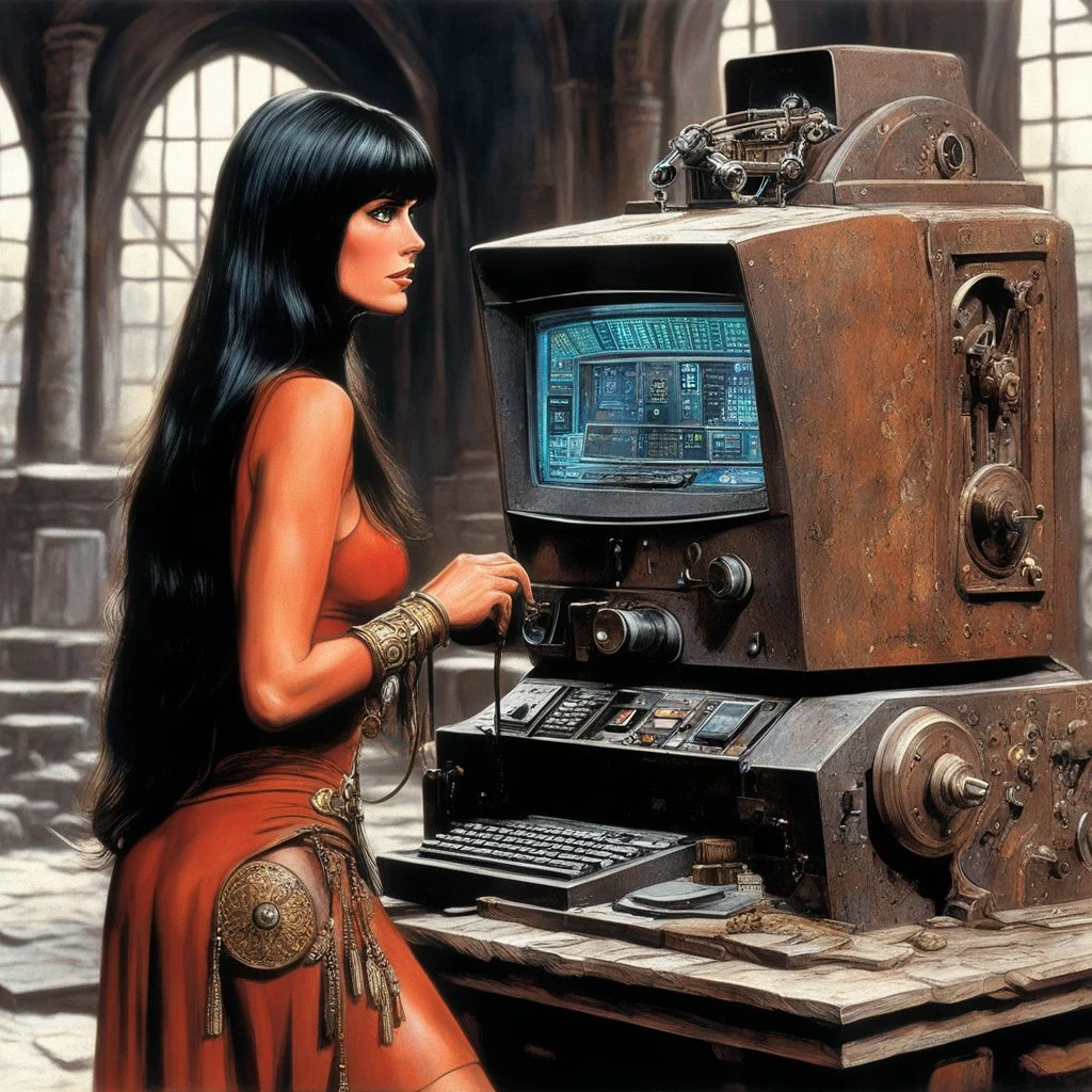 [art by Ray Harryhausen] a youthful Caroline Munro cautiously approaches the weathered and worn console, the most clever ordinateur in the universe. The once gleaming machine now bears the marks of time, covered in a layer of rust and dust that speaks of ages past. Despite its aged appearance, the user is granted access to a realm of knowledge and possibilities beyond her wildest dreams. The power and intelligence contained within this ancient ordinateur are shrouded in mystery, its mechanisms