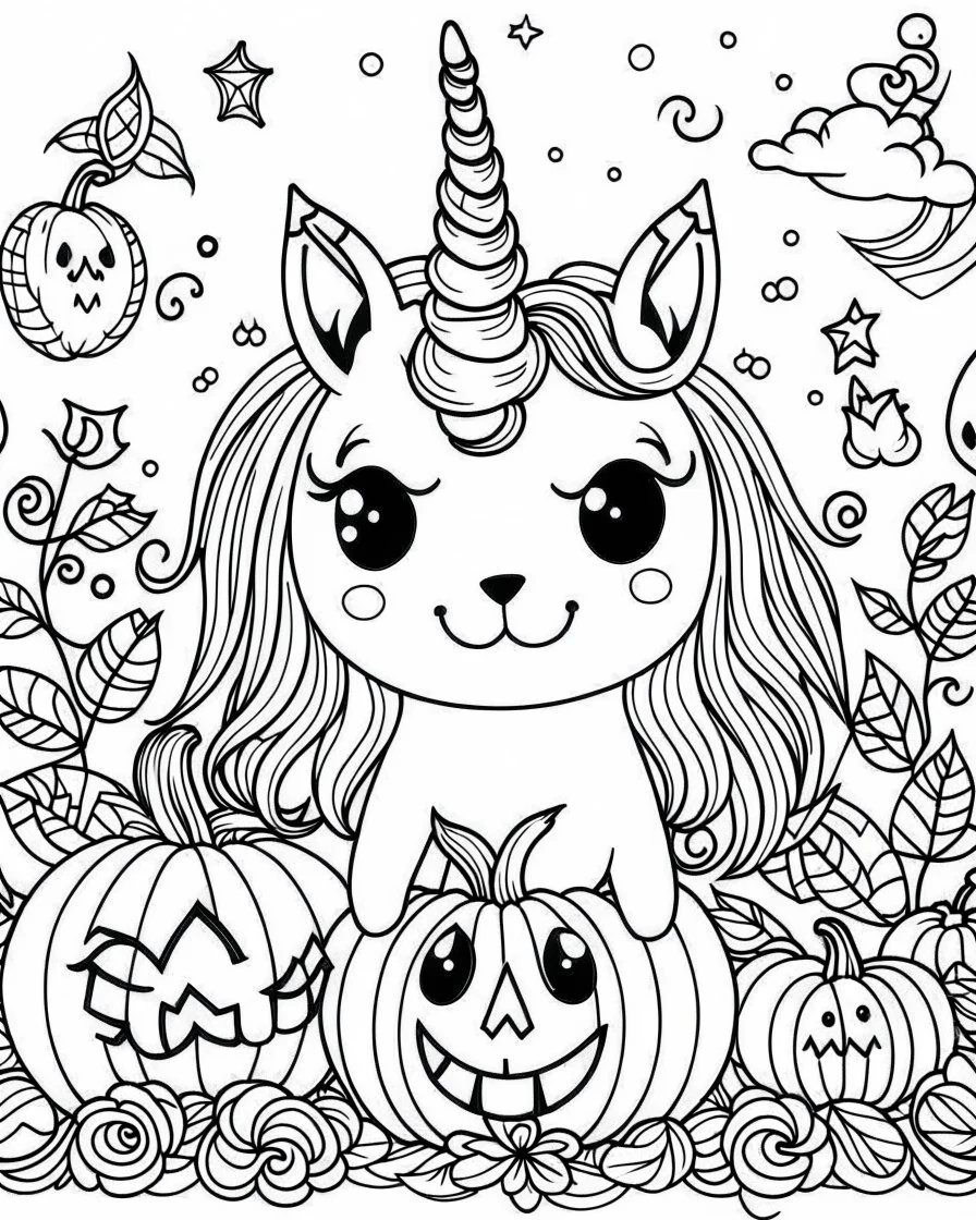 A unicorn with pumpkins and ghosts, kawaii style, fine lines, black and white, coloring page