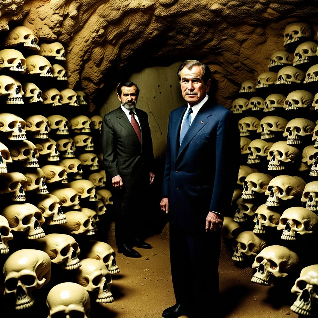 Saddam and George Bush in cave surrounded by skulls in the cave walls