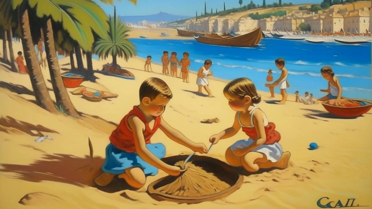 cote d'azur childen playing in sand painting neoclassism 60