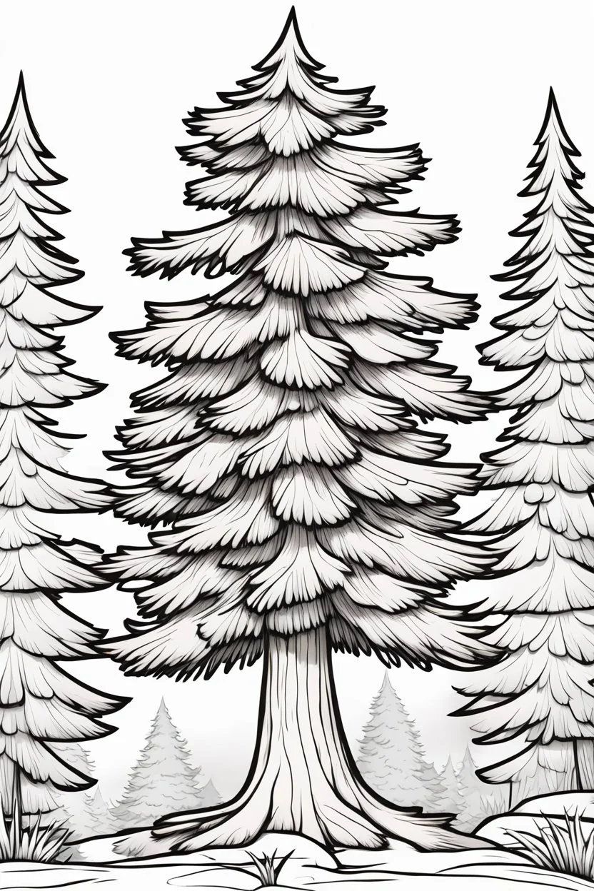 coloring page, pine tree, cartoon style, thick lines, low detail, no shading