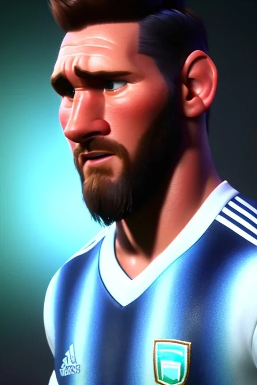 Realistic Messi Portrait, mid shot view, low view, Argentina soccer player, 3d, photo studio, clean background, unreal engine 5, ray tracing, RTX, lumen lighting, ultra detail, volumetric lighting.