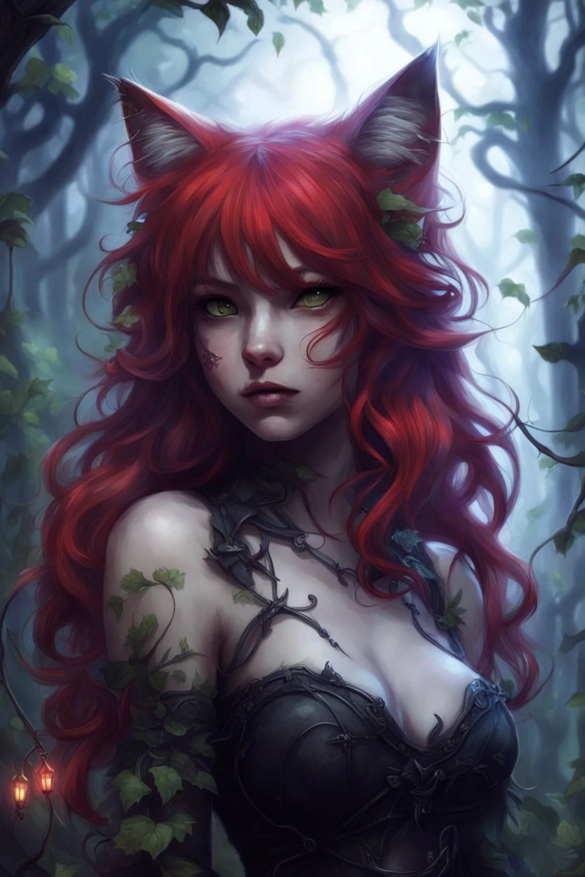 CAT GIRL, FANTASY, FORESTY, VINES, SOULLESS, FLUFFY TAIL, RED HAIR, METAL