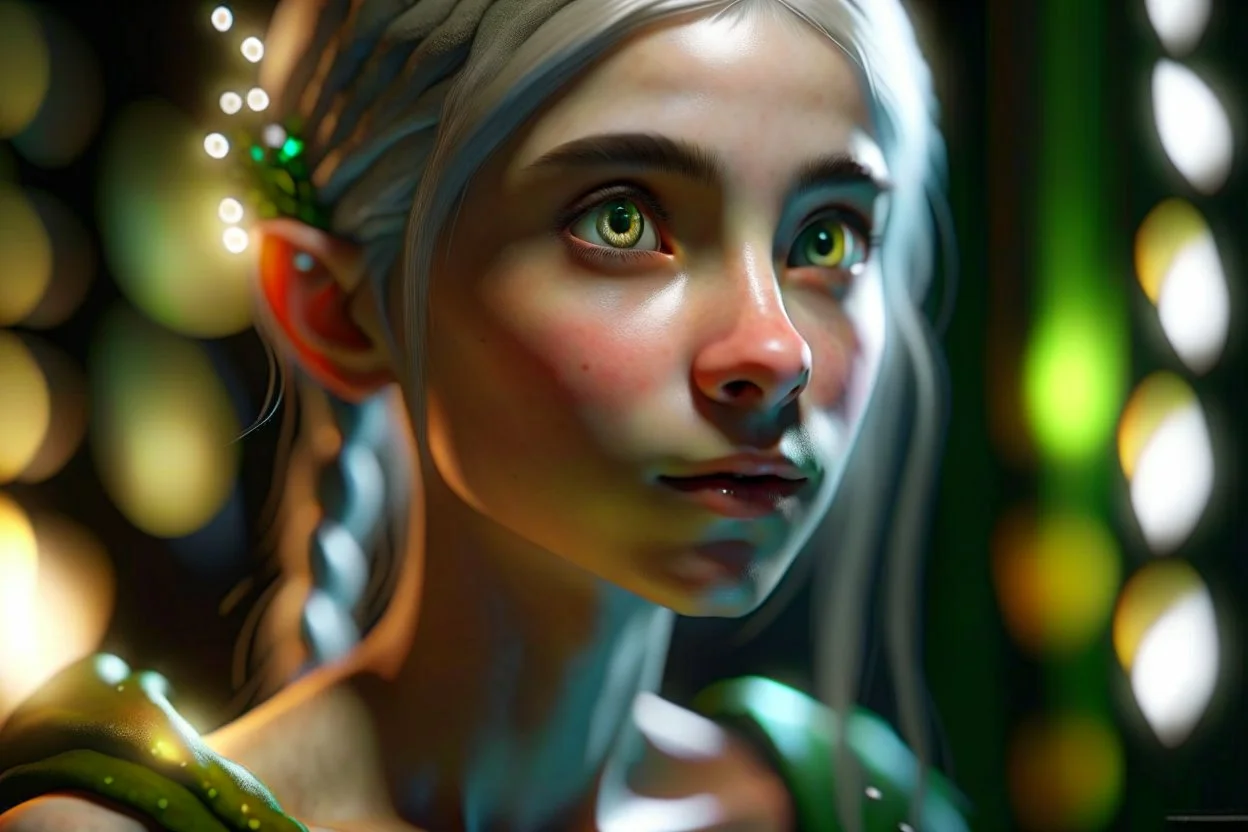 Detailed close-up photo-realistic portrait of a cute elf teen, cropped image showing left side of face, boyish features, staring towards left of camera, long thick silver hair, luminous eyes, flawless skin, freckled cheeks, innocent look, awestruck, long eyelashes, contrasting lighting, bokeh in background,