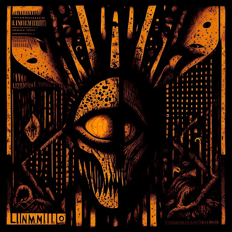 Liminal Abominations, by Phlegm and Ray Johnson, warm colors, stylish and unsettling abstract horror illustration, vestiges of horror, diagonal composition, album art, Morse code dot and dash vertical textures, dark shines war, complex contrast,