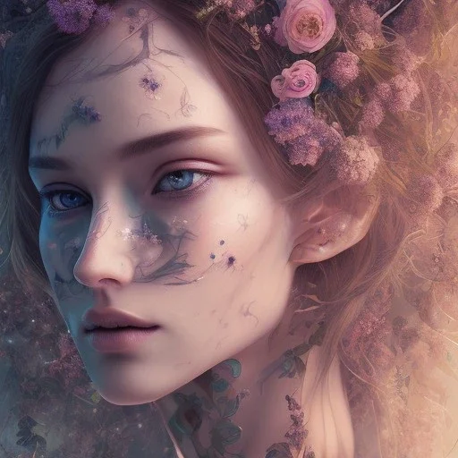 perfect long-haired woman, perfect eyes, full face tattoo of flower art and trees extending past face and morphing into galaxy, 8k resolution, high-quality, fine-detail, intricate, digital art, volumetric lighting