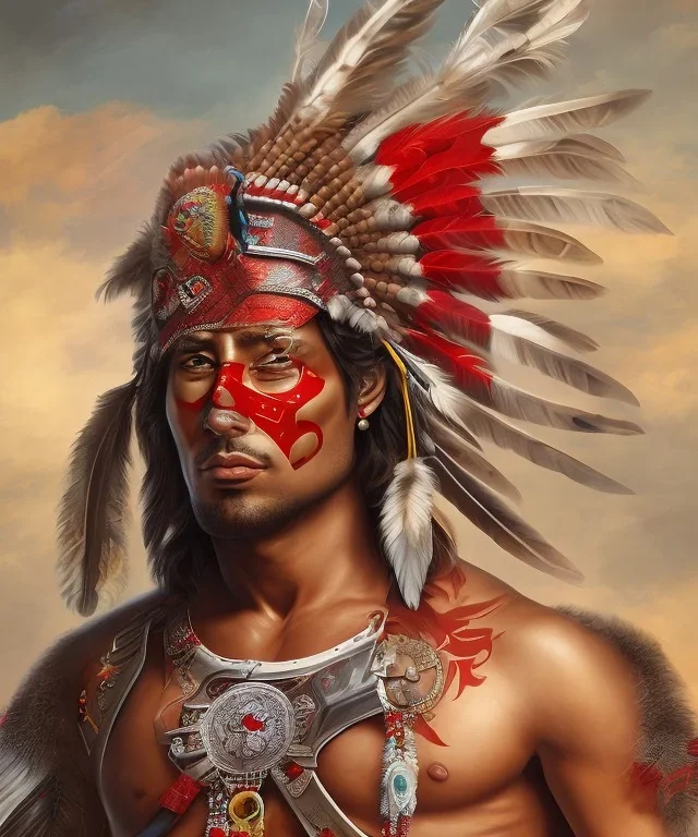 Guaicaipuro, native american god, 30 years old, Muscular warrior, red feathers headdress, shirtless, fearce look