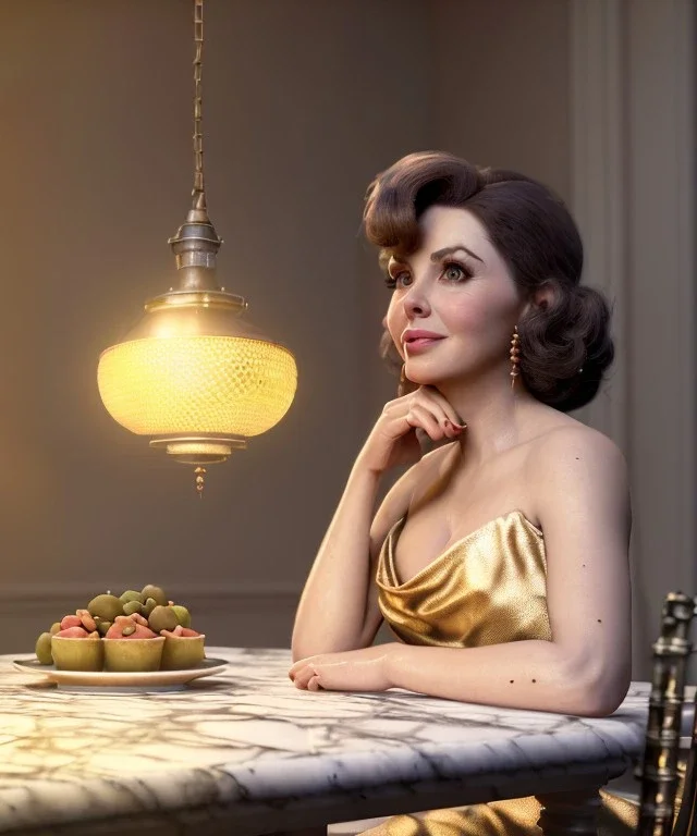 Ultra realistic photographic portrait, happy elegant Gina Lollobrigida woman sitting with arms resting on Italian kitchen table, pretty tortellini dish, renaissance style decoration, cold, soft color, highly detailed, unreal engine 5, ray tracing, RTX, lumen lighting, ultra detail, volumetric lighting, high definition.