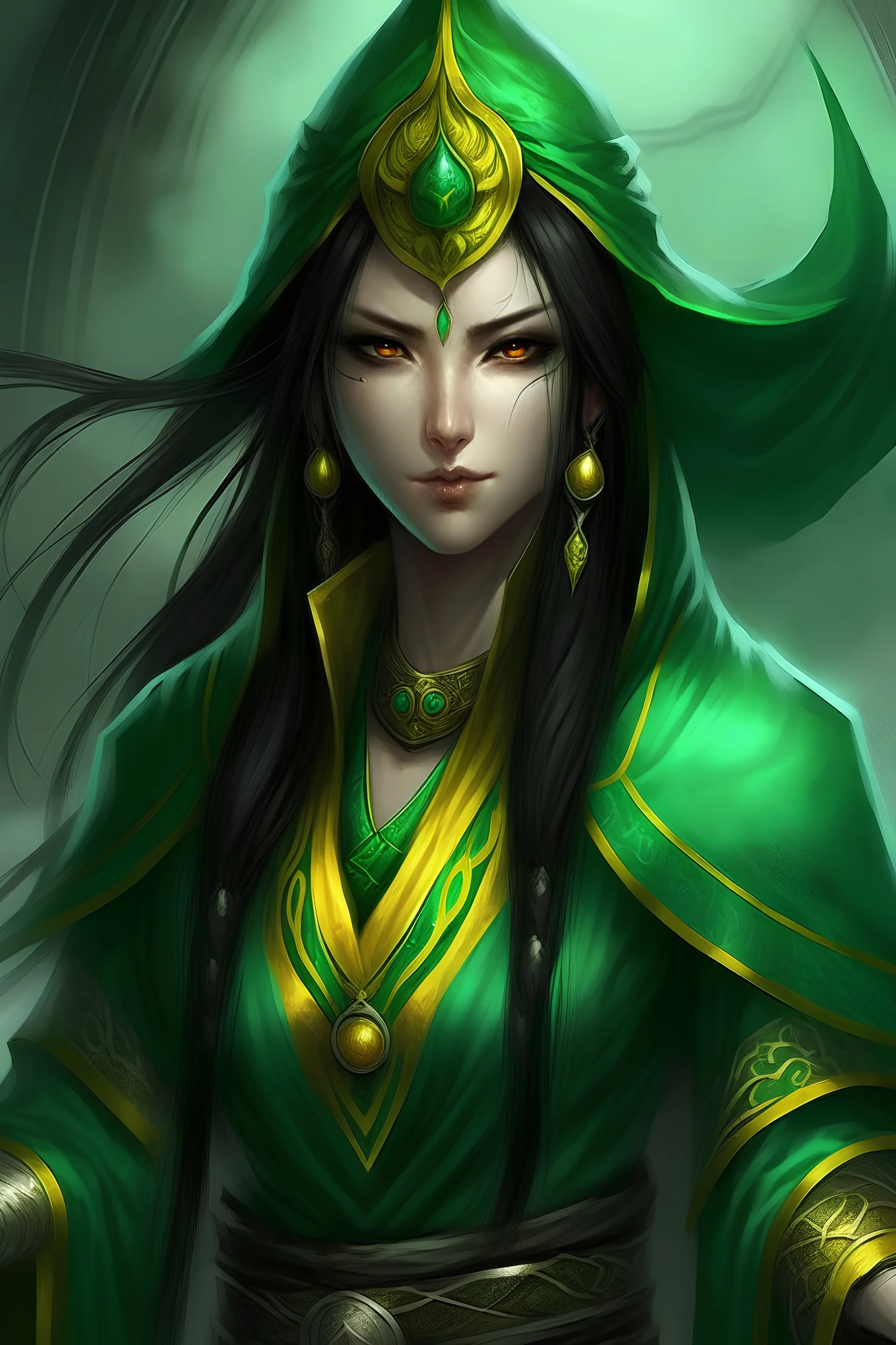 yuan-ti female sorcerer with green skin, black hair, yellow eyes