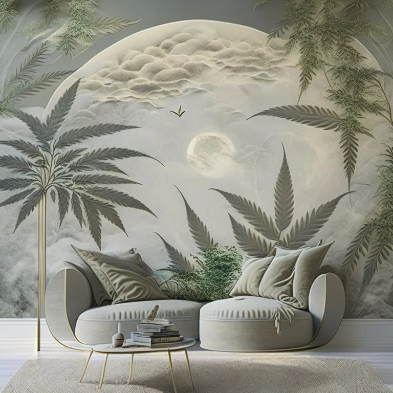 Design a background that portrays pleasure and relaxation derived from indulging in hash and weed, using elements like soft textures, hazy, and gentle curves to evoke a sense of tranquillity and bliss.