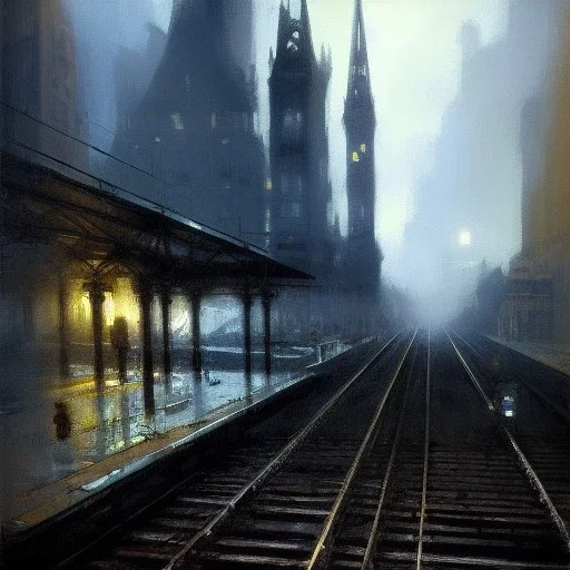 Train station on cliff, Gotham city, Neogothic architecture, by Jeremy mann, point perspective,