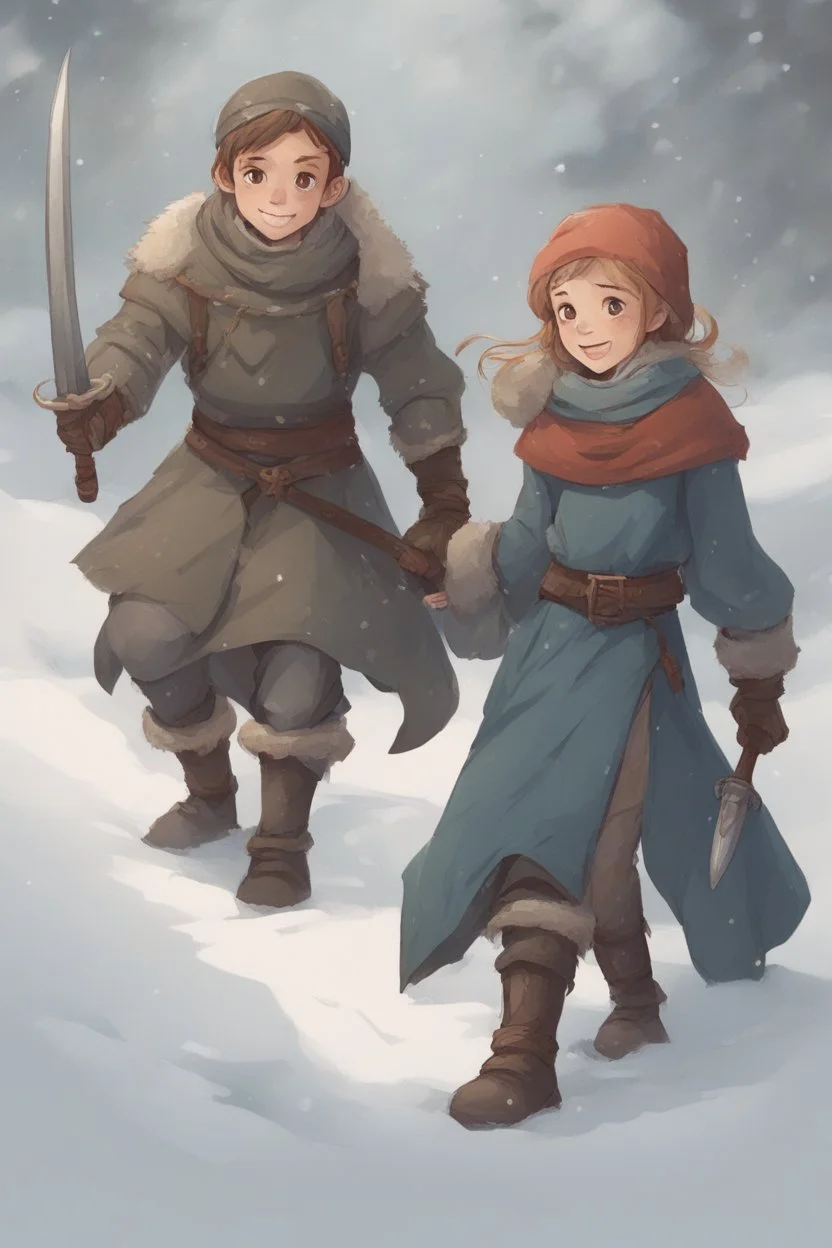 DnD style, two medieval peasant kids playing in the snow male and female, age 14 and 15, happy and playful, he has a short sword.