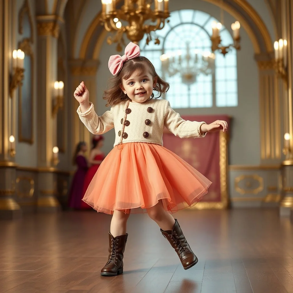 a 2 years old girl in modern clothing and makeup dancing with cute and joy with pertty boots in a modern royal hall
