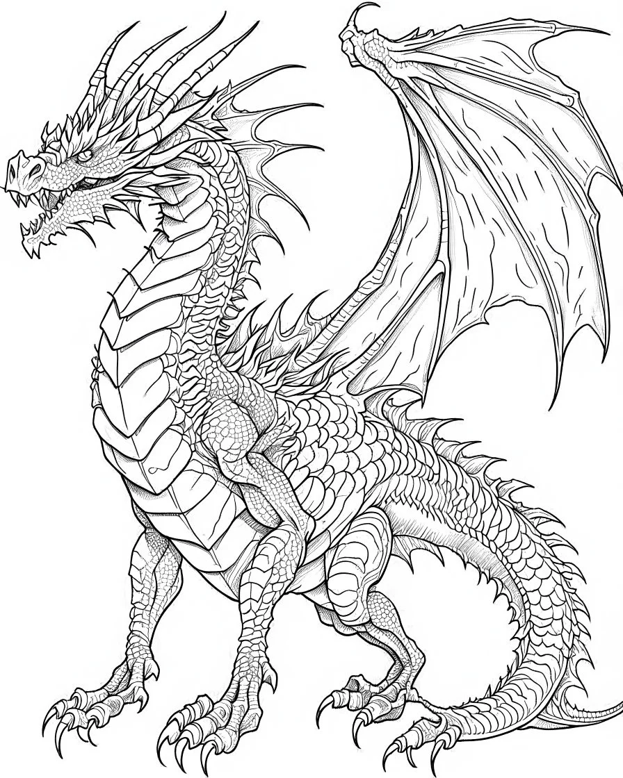 coloring image of full body dragon, line art, realistic, white background