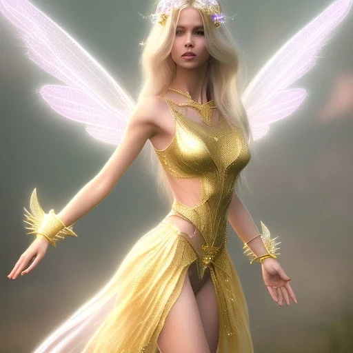 beautiful fairy very etheric, nice smiling, long blond hair, magic glamour pink make up, delicate colors, complete vision of very transparent golden and big wings, beautiful glamour transparent golden dress, ultra sharp focus, 8k, unreal engine 5, extremely sharp detail, light effect, soft light atmosphere, smooth, full of details, face in front, complete vision of face and hair and of the body