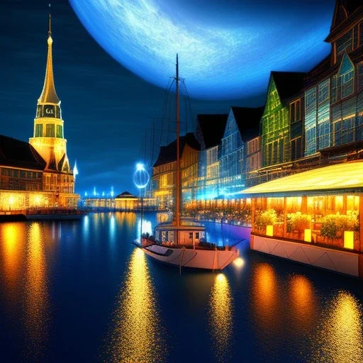 Fantasy city, cove, dock, night, large