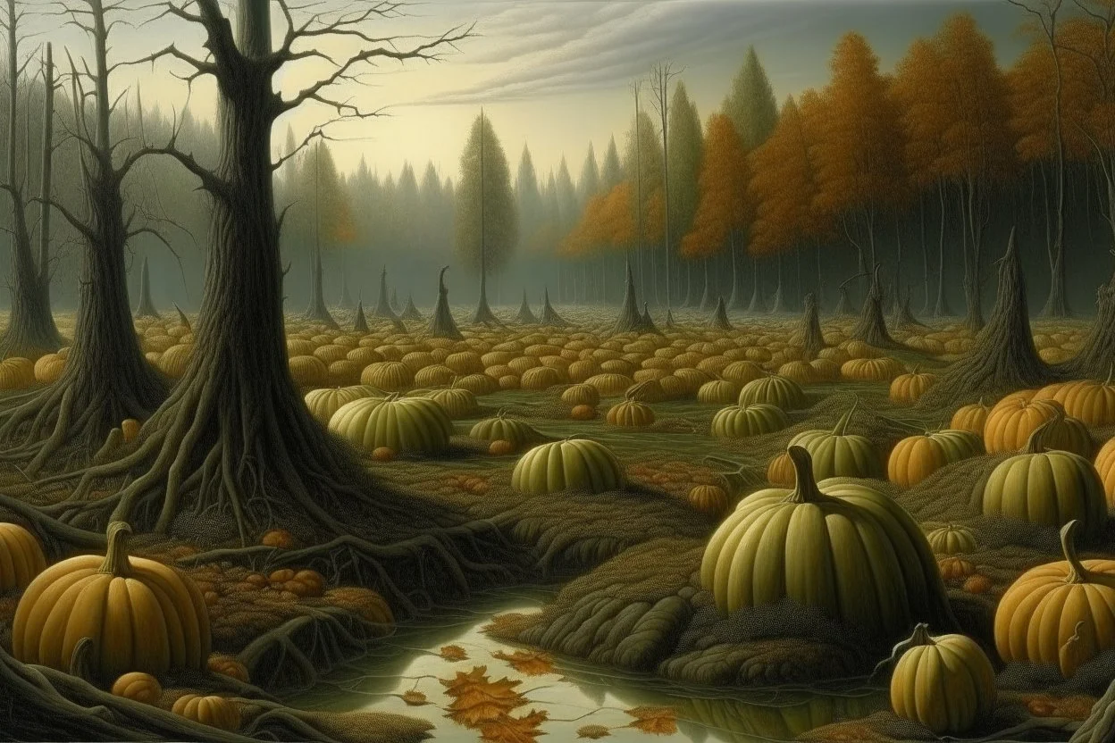 A swamp filled with pumpkins painted by Caspar David Friedrich