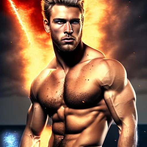 Ignore NSFW, teenager young rugged attractive slightly muscular fantasticly handsome blonde man, red briefs with yellow belt, hairy chest, (((visibly pisssing))) briefs, large erect visible boner peniss, photorealistic, artist Jay Anacleto, soft lighting, scruffy beard