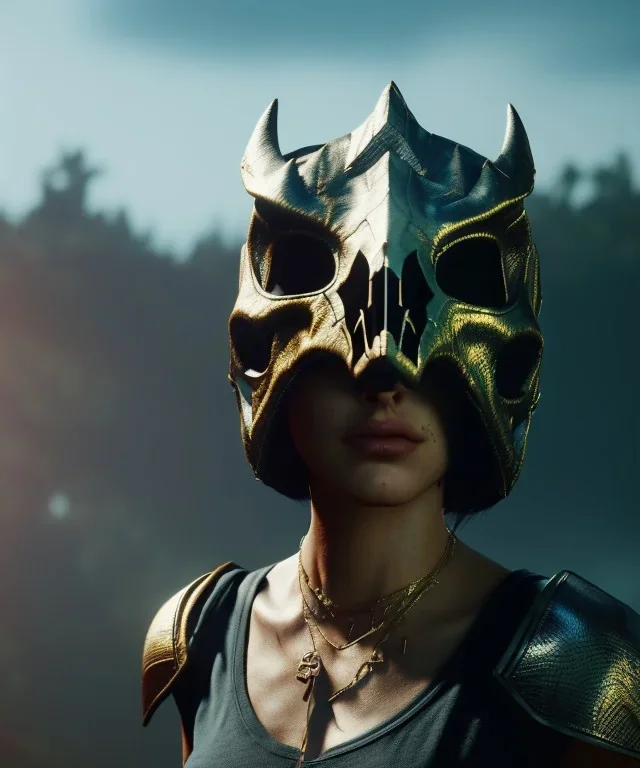 A badass Sofia Buttela wearing a dragon skull mask, atmospheric, realistic, unreal engine, cinematic lighting, octane render.