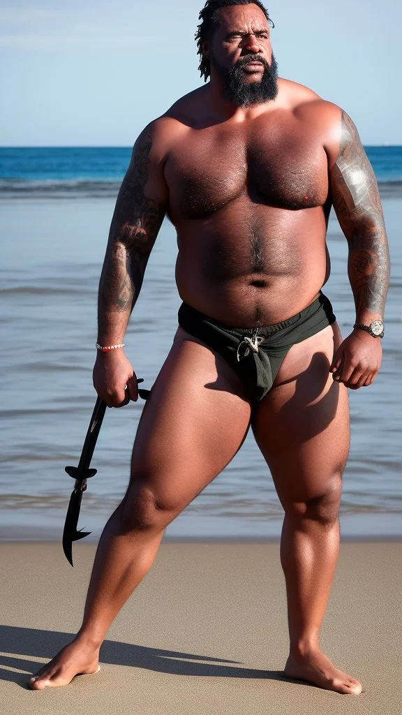 burly beefy nigerian fisherman sunbathing in mini pants, tattoo, bulge, manly chest, ugly, 61 years old, bullneck, goatee, long hairs, angry eyes, photorealistic, Canon EOS, 8k , on the beach