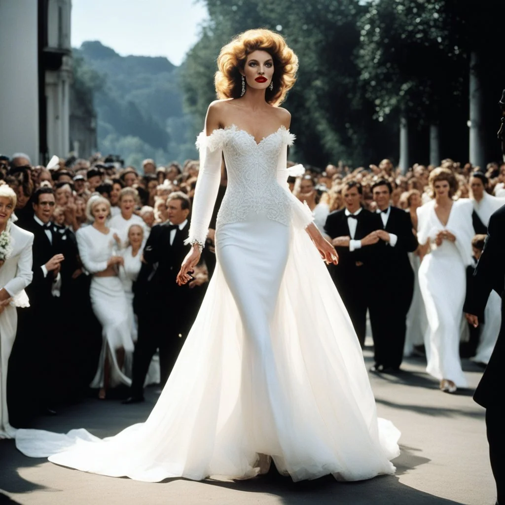 [colour photo by Helmut Newton] she stops with no inhibitions on the runaway in wedding dress on heel for agent provocateur, the crowd is clapping