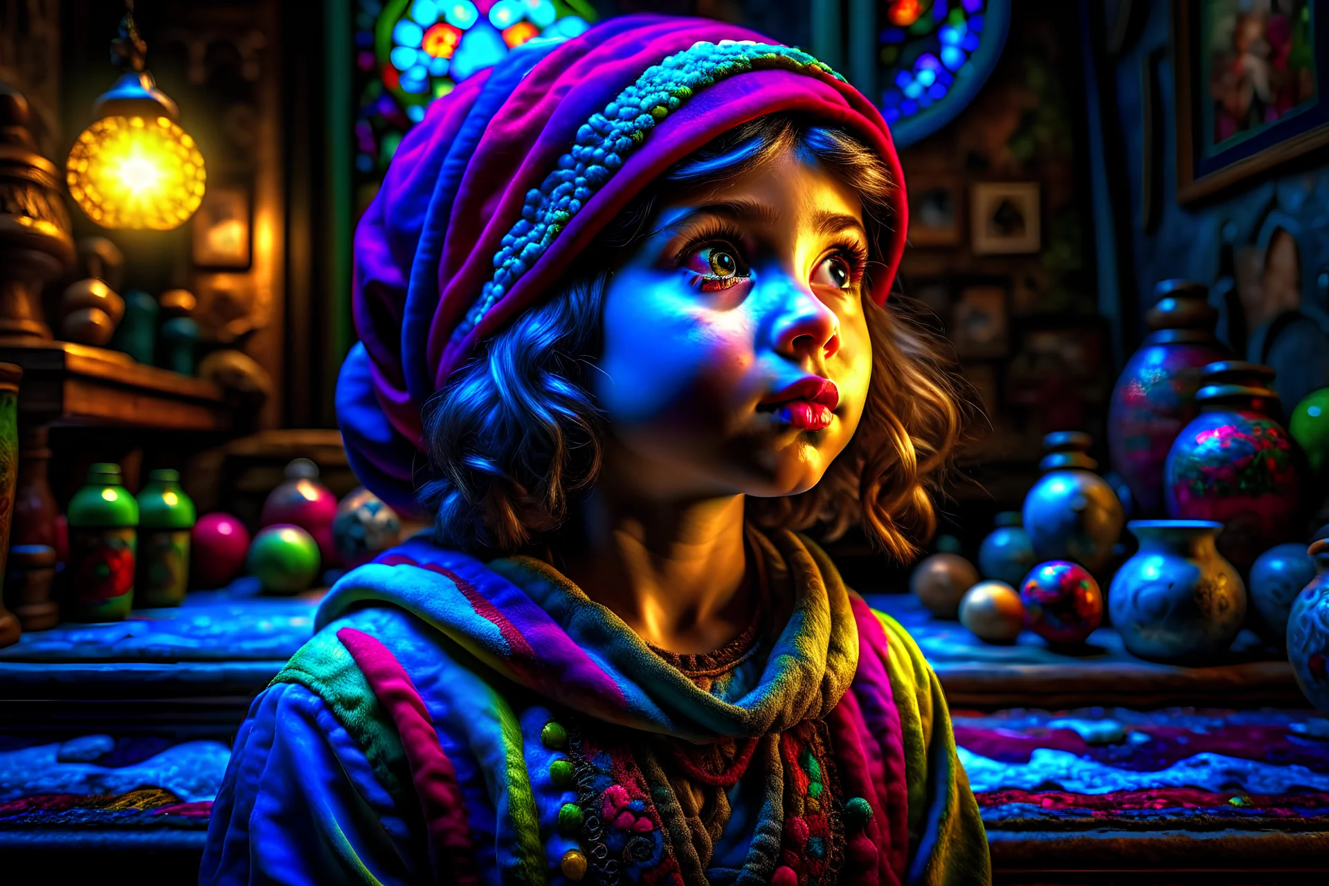 little palestinian girl, insanely detailed artwork , vibrant deep colors, magnificent hyperdetailed, maximalist, HDR, 16k resolution, trending on ArtStation, CGSociety, sharp focus, stained glass background resolution HDR