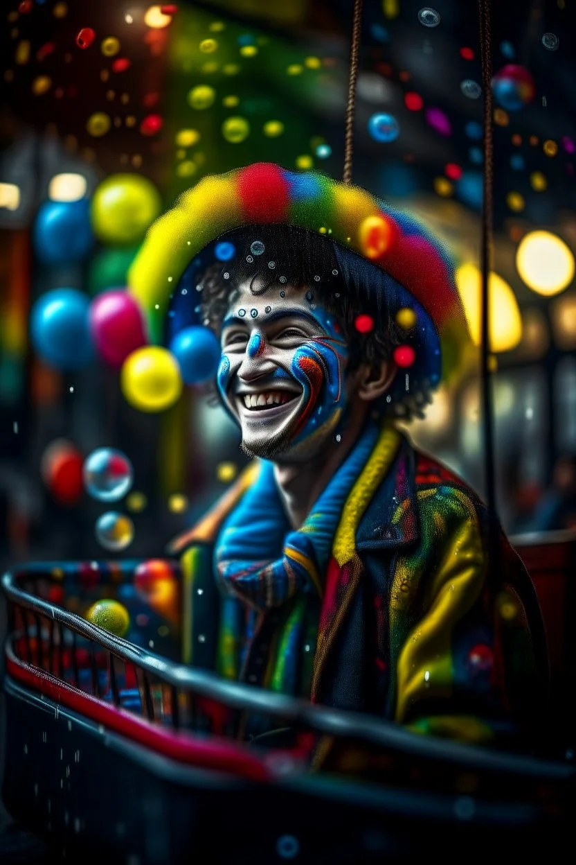 hyper real oil painting portrait of juggling laughing dreaming harlequin in cable trolley in slimy bubbles and gelatinous background, zeiss prime lens, bokeh like f/0.8, tilt-shift lens 8k, high detail, smooth render, down-light, unreal engine, prize winning