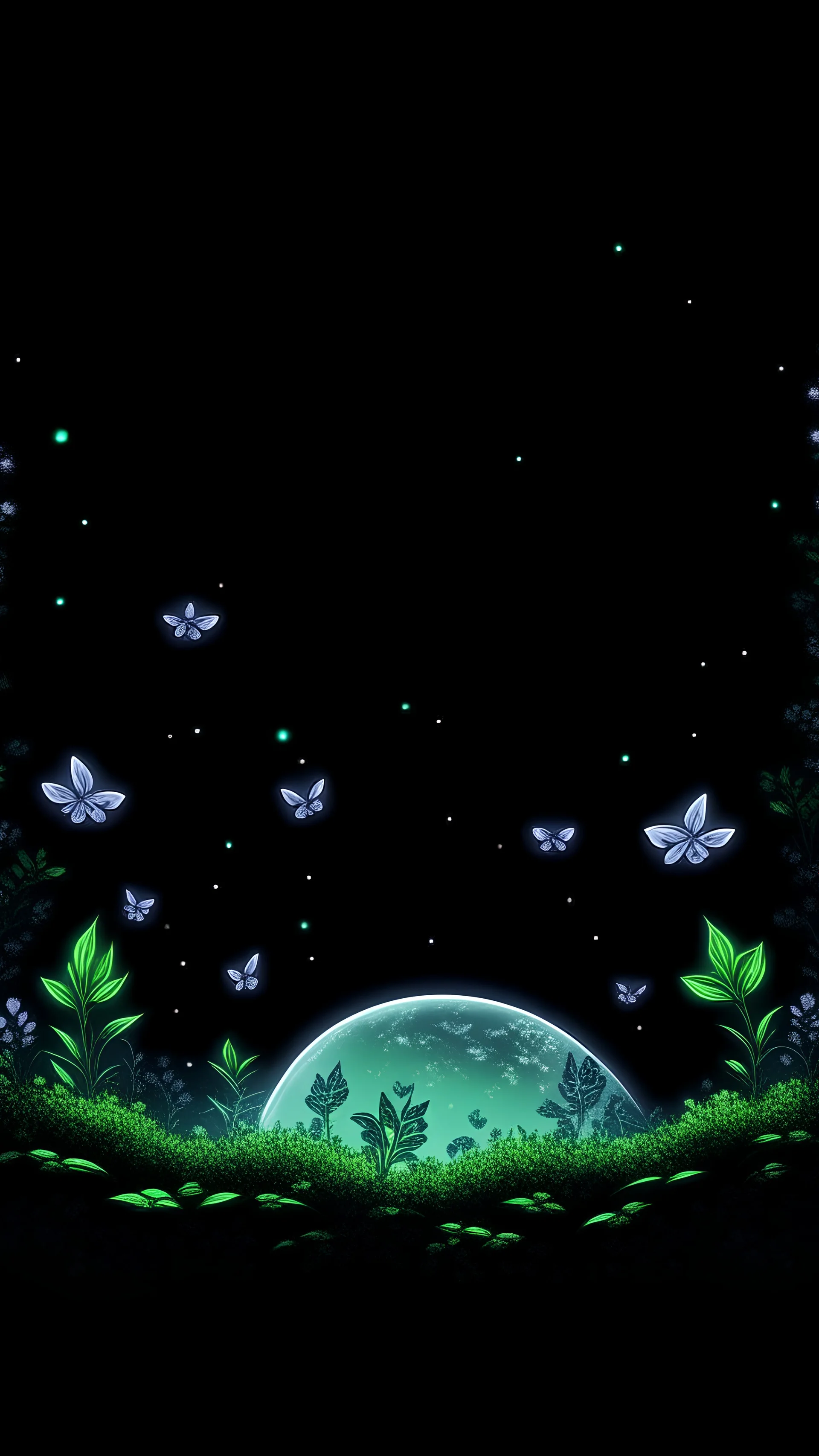 a translucent moon, with dust particles, looking down at a beautiful green fantasy forest