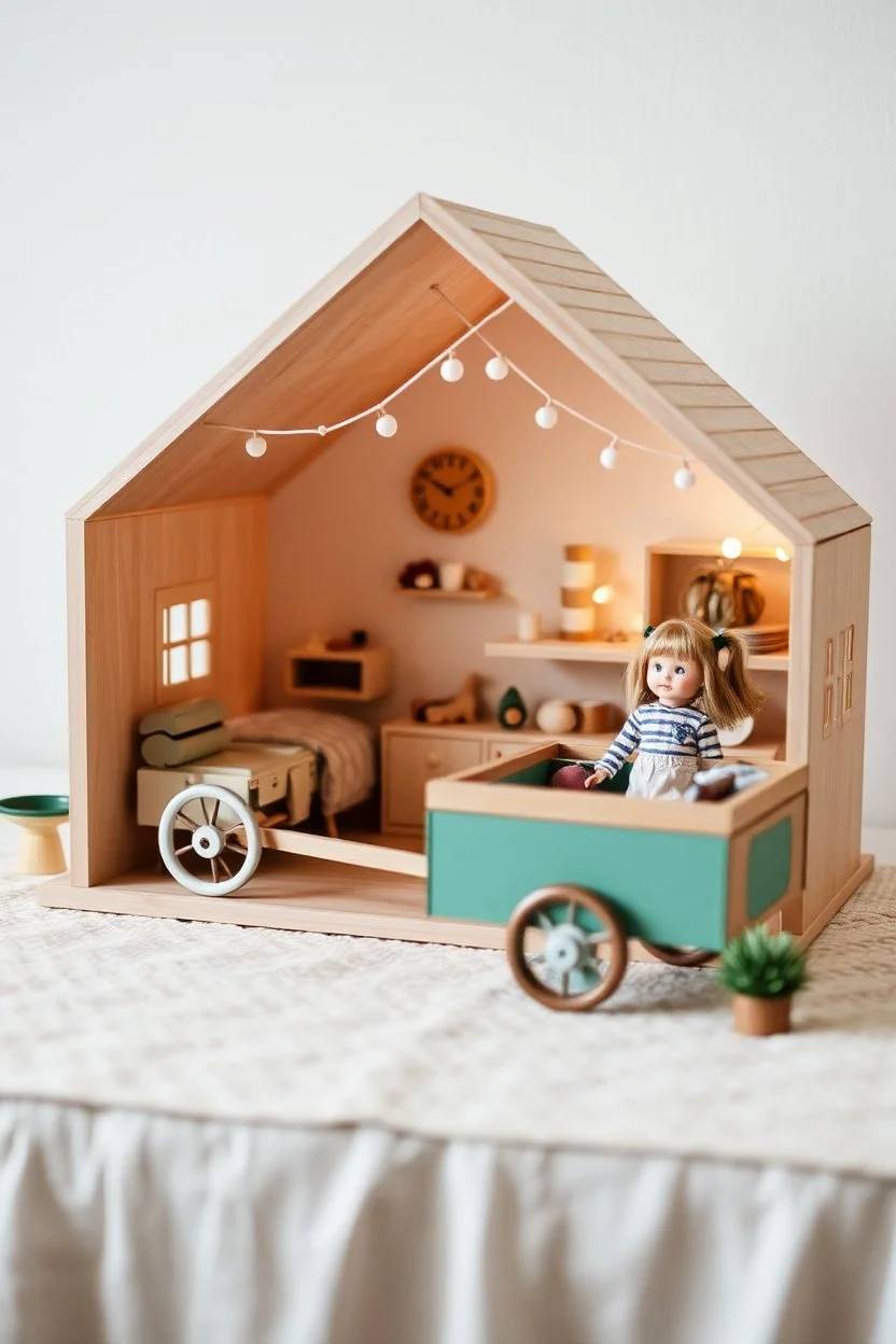 doll house with doll camping wagon