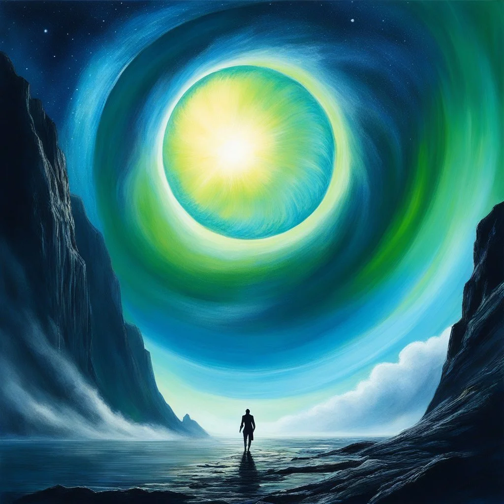 [art by Karlotta Freier] atlas and prometheus cliff of the planet, blue sun and greenish clouds, towards the vortex, ready to embark. the blue sun cast a cryptic shimmer, the swirling energies of the celestial winds.