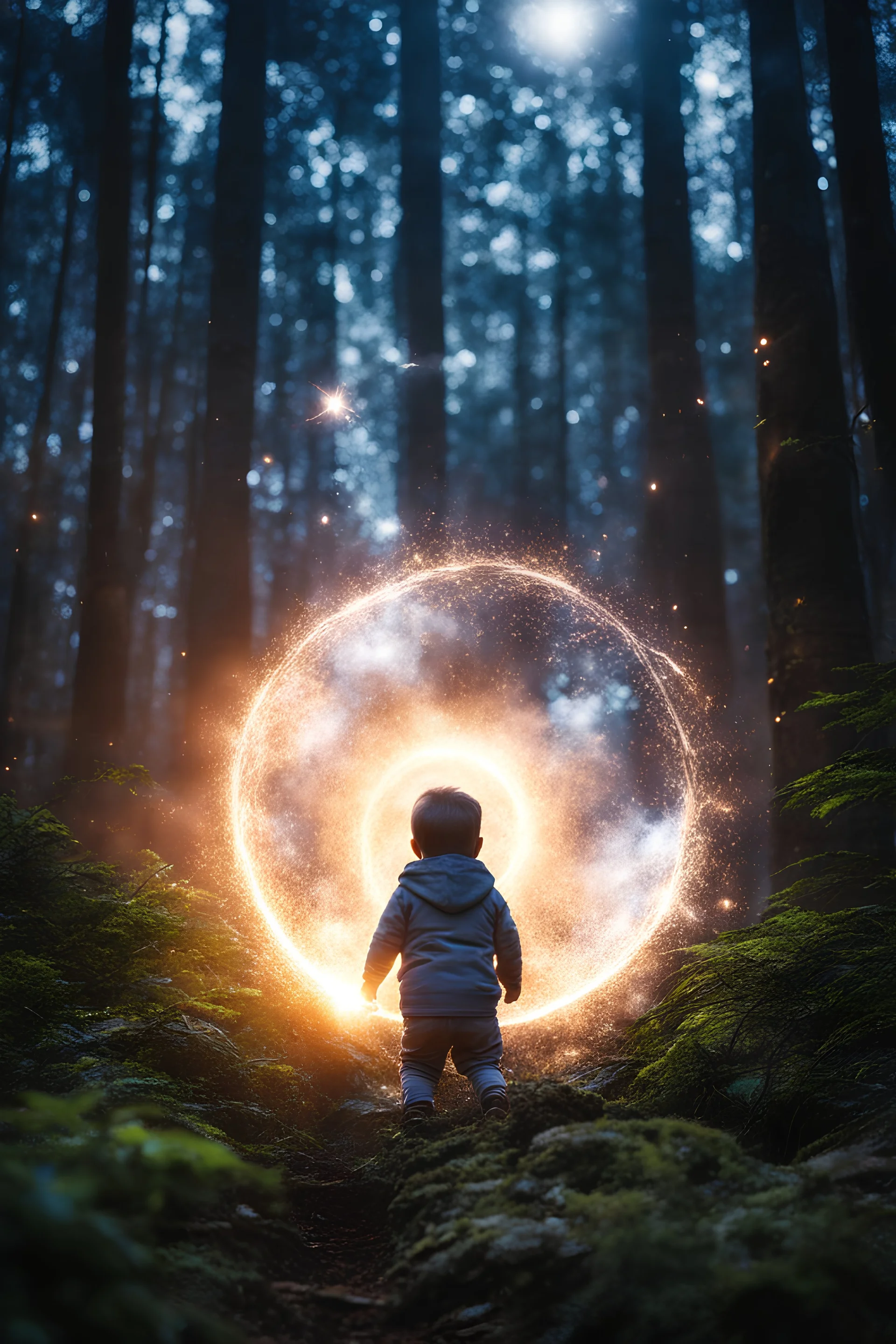 babyboy Indonesia in the forest, sparks around her, galaxy on background, 4k