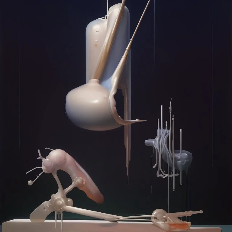 Abstract painting formed by a mix of human flesh-like surgical instruments and universe-like neuralink,strange musical instruments,minimalism,Painting By Adrian Ghenie, Rene Magritte, Salvador Dali, Lucian Freud