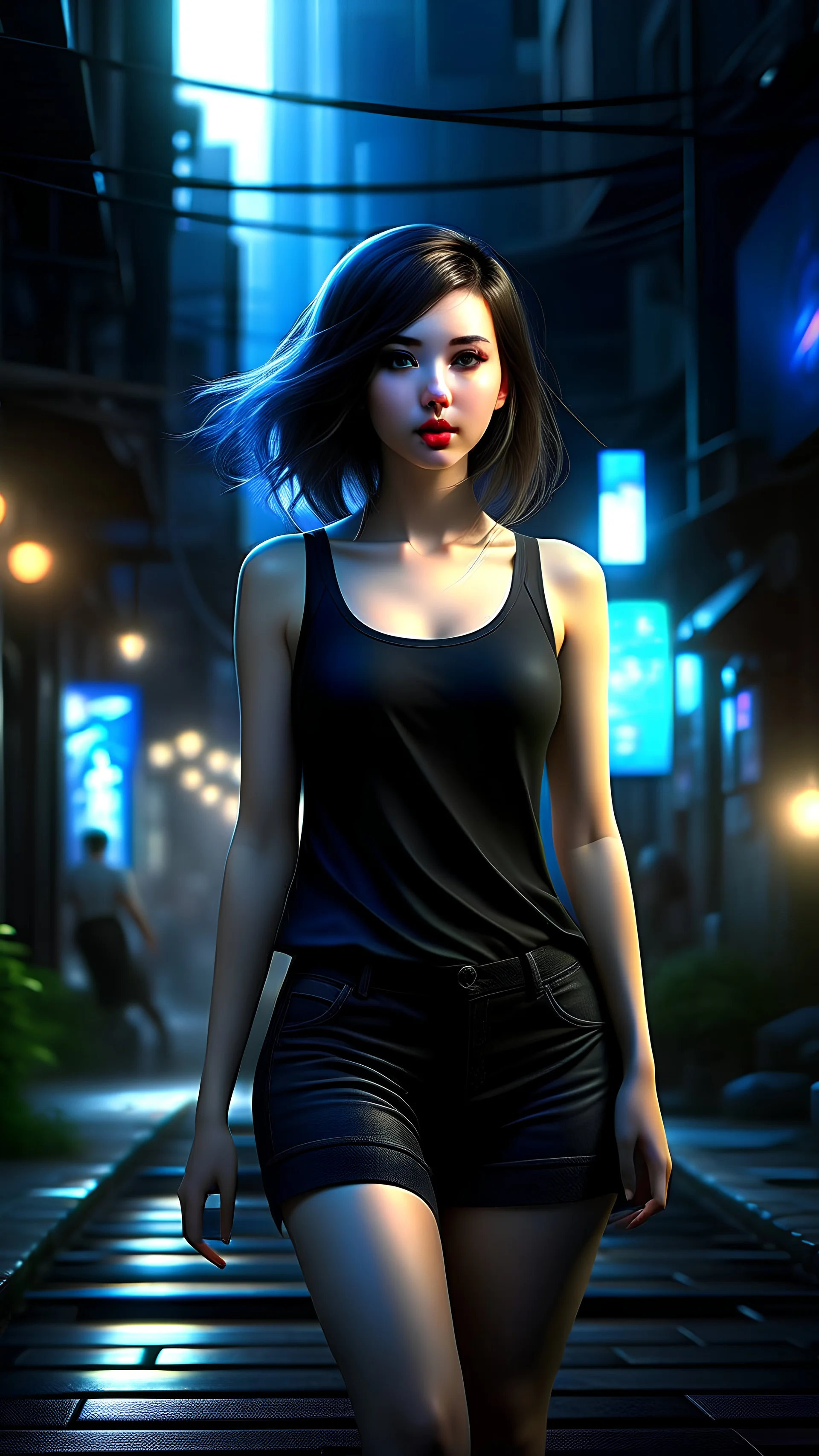 Digital art, high quality, digital masterpiece, natural illumination, spotlight, realistic, film style, beautiful, (full body:3), (1 beautiful young girl walking, wearing a black leotars:3), (cute femenine face:1.8), (sexy blue eyes:1), cute pale skin, (Black leotard:3), (dark brown hair:2), (Theatre at background:1.5), (on an European plaza:1.4)