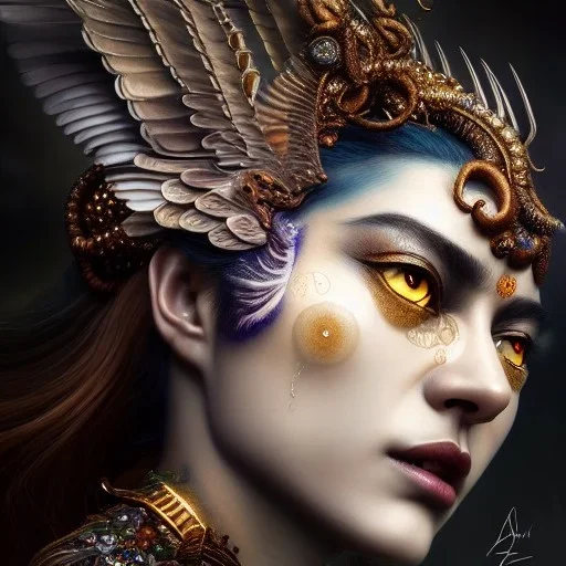 Insanely detailed photograph of an elaborate beautiful hawk goddess intricate glowing skin eyes intricate face hair lashes fur dress hyperdetailed painting by Anna Dittmann Huang Guangjian and Dan Witz CGSociety ZBrush Central fantasy art album cover art 4K 64 megapixels 8K resolution HDR Greek shiny space colours jewelry celestial hair eyes light"