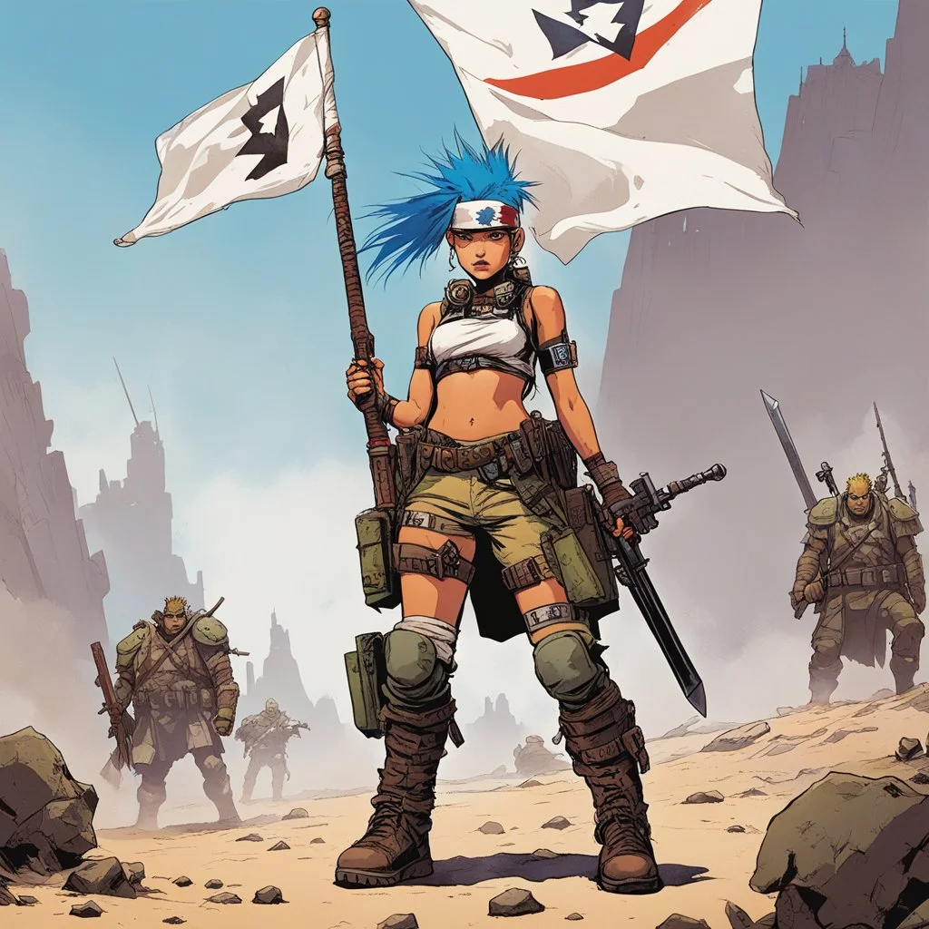 tank girl young with a white flag blocks tall orcs and giants, she is the soldier of peace