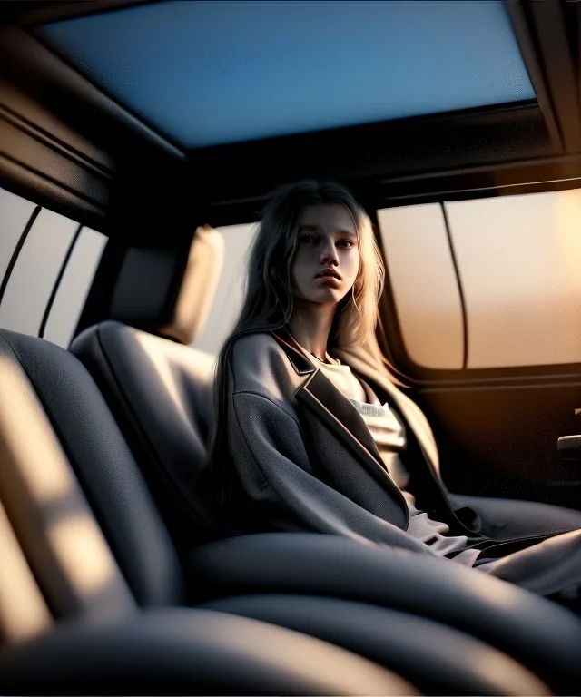 Ultra realistic back seat of limousine image, wide angle view, homeless woman, many color balls, grunge clothing, long hair, smoke, feather long coat, soft color, highly detailed, unreal engine 5, ray tracing, RTX, lumen lighting, ultra detail, volumetric lighting, 3d, finely drawn, high definition, high resolution.