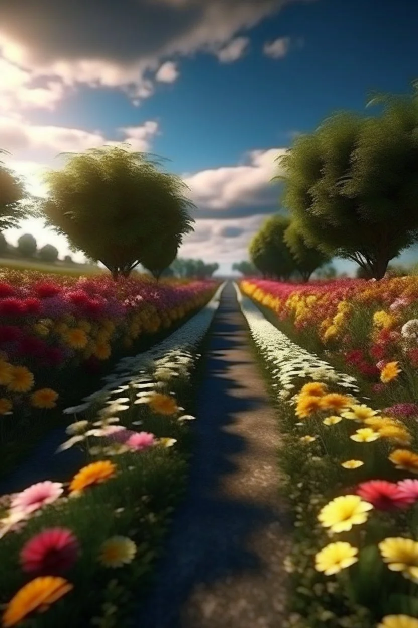 A road full of beautiful flowers and around the road on both sides of it are thick thorns Photorealistic