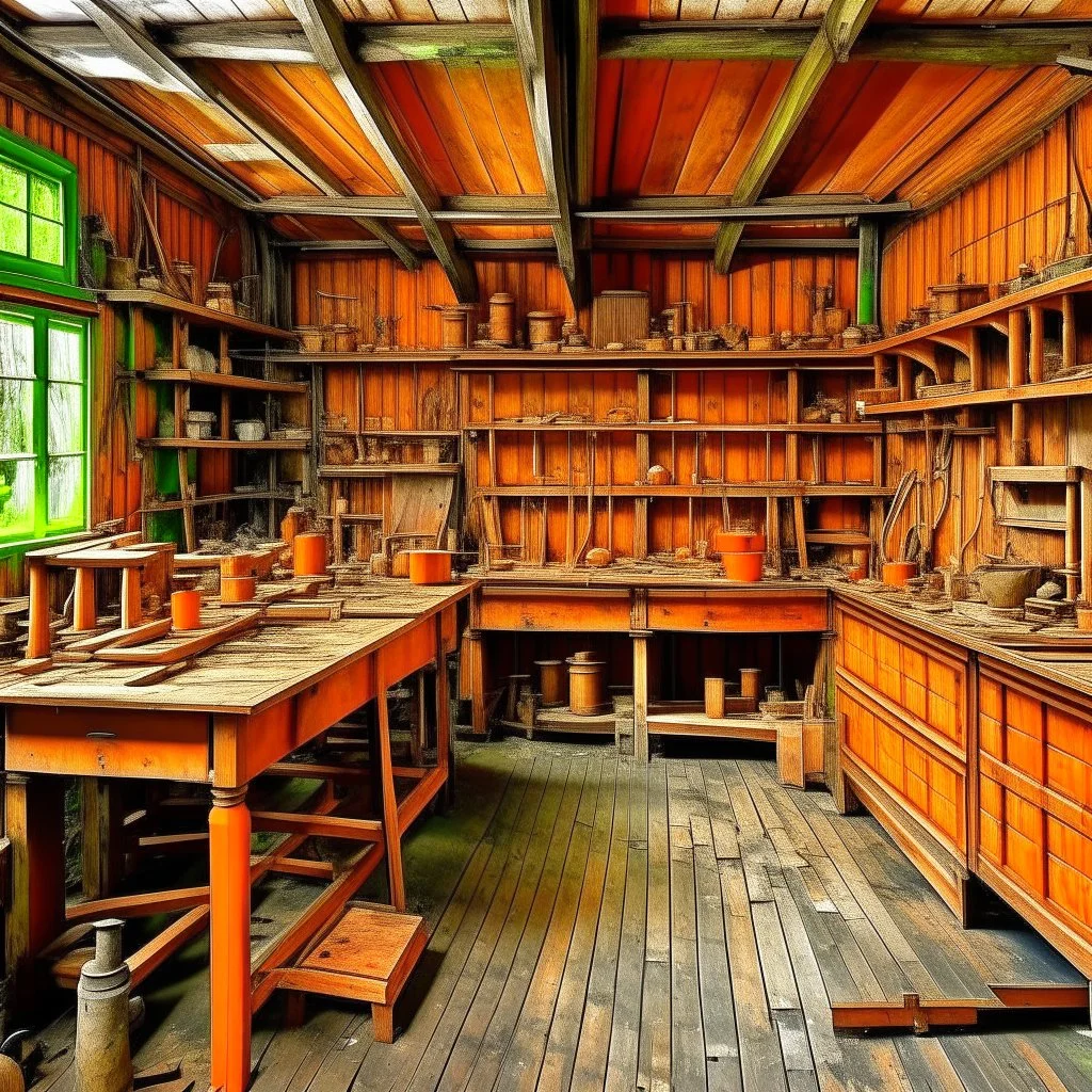 An orange colored workshop made out of wood painted by Claude Monet