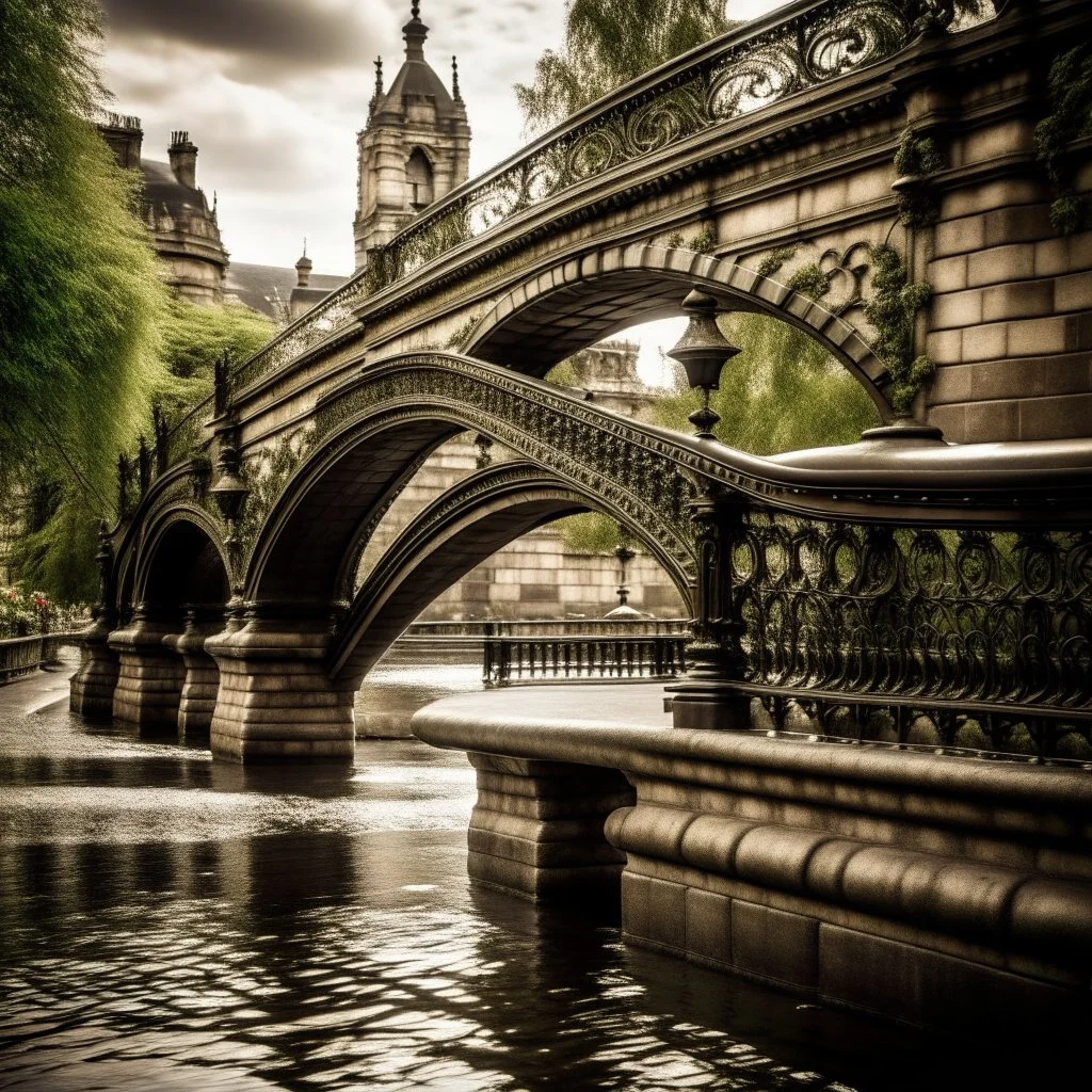 A classic stone bridge reminiscent of London Bridge spans a gentle flowing river. Ornate details adorn the elegant structure, complemented by vintage iron railings and lampposts. The scene harmoniously combines historic charm with the modern energy of the city, offering a serene yet lively backdrop for your photos.