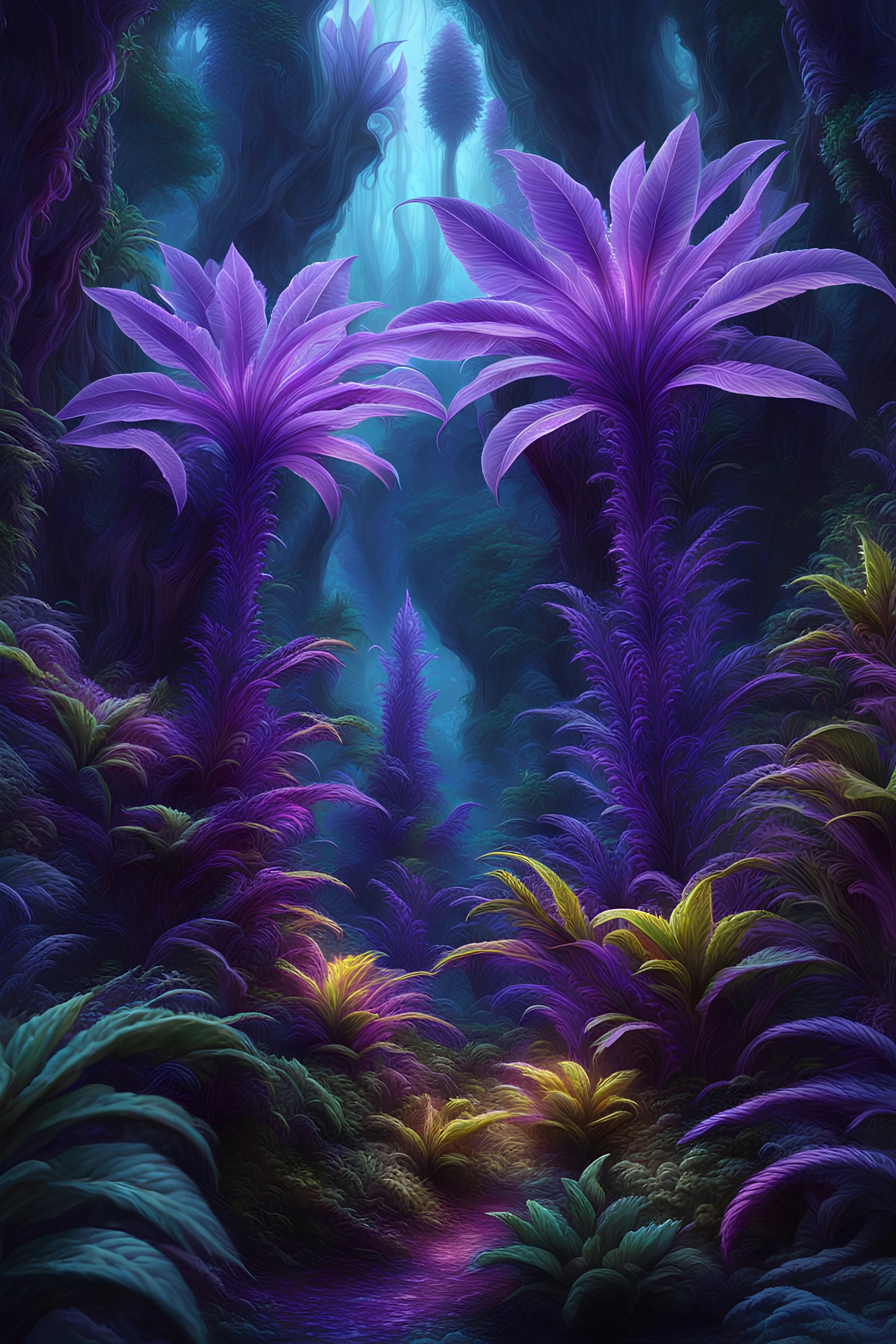 close-up of two magical bio-luminescent plants in a very strange otherworldly lush alien ecosystem with gigantic transparent and bio-luminescent purple plant like life forms, colorful, fantastical, intricate detail, 8k resolution, centered, matte painting, airbrush art, pencil sketch, award winning, masterpiece, crisp quality, sharp