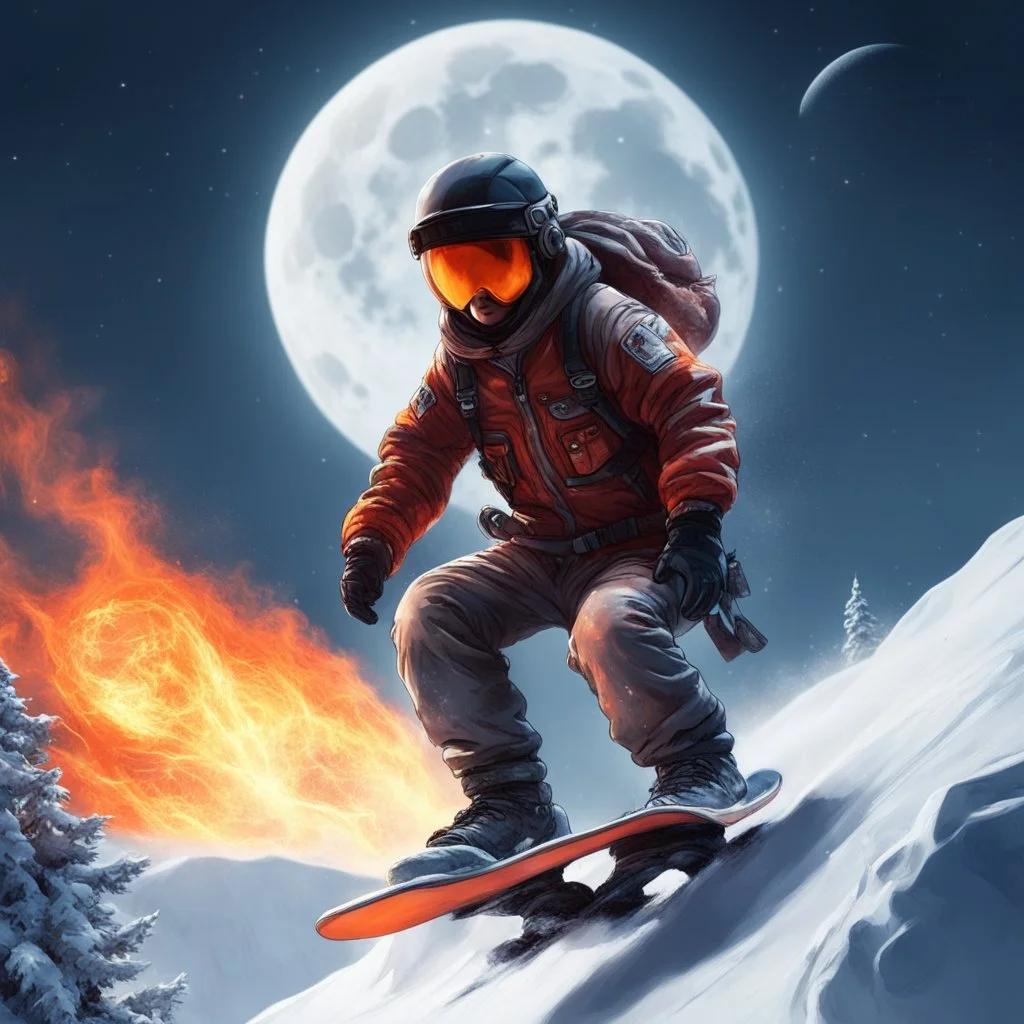 snowboarding in sky moon agressive, very detailed, fire, sci-fi