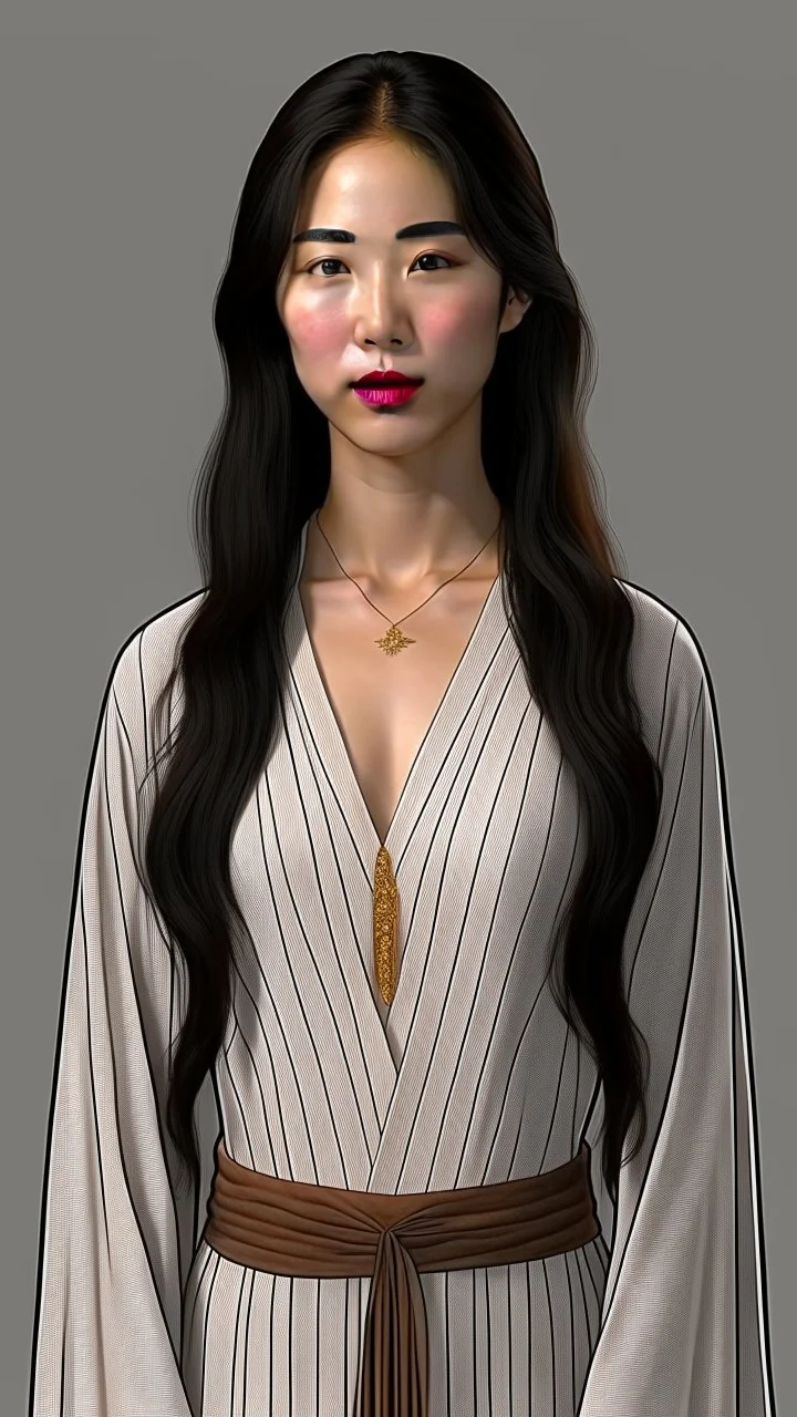 4K Photorealism : 30 year old Asian woman with a full body with a proportional body, symmetrical face, precise clean brown eyes, long flowing hair, precise chest accentuation, showing typical Japanese clothing