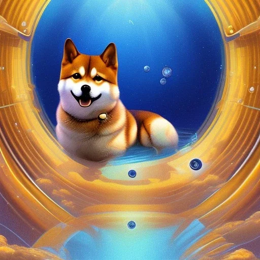 shiba inu swimming in a pool of heavenly orbs, high detail