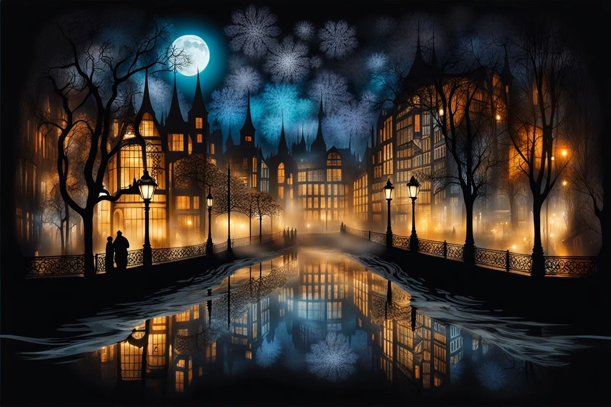 wide shot from unique made of lace, street scene behind a foggy glass, blurred silhouettes, impasto, long exposure, night, ink painting stunning landscape of different elements, epic glowing night background fantasy, highly detailed , masterpiece deep surreal background, cinematic