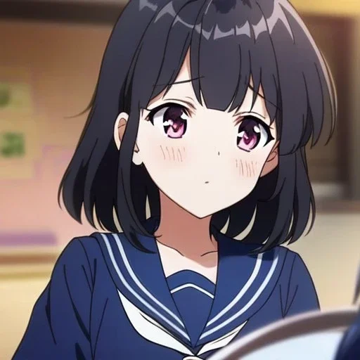 Clear focus, High resolution, A anime teenager, anime screencap, black medium length hair, hair cut in pieces, pink eyes, wearing a sailor uniform, blushing