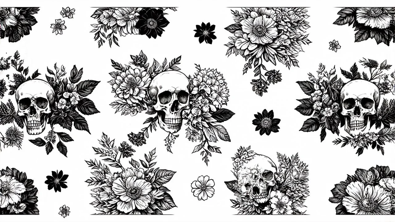 tracery of bones, flowers and skulls, black and white, minimalistic