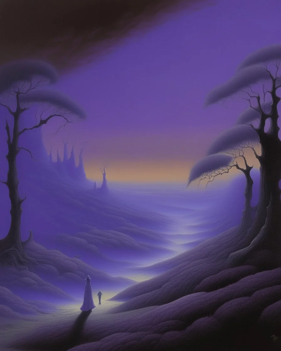 A purple realm with ghostly eyes painted by Caspar David Friedrich