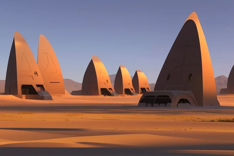 alien buildings, in the desert, surrounded by acacia trees, dunes, pathways, lake, roads, mountains, blue sky