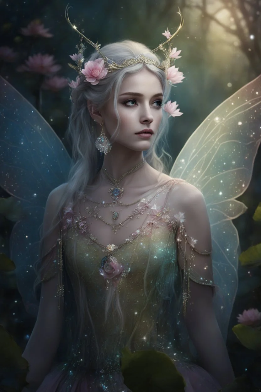 Pink dress,Sparkling fairy wings,Very long golden hair,Fairy crown,pointed ears,elven ears,fairy wings,water lilies,sparkling,glittering,flowers,blossoms,golden crown,light pink dress